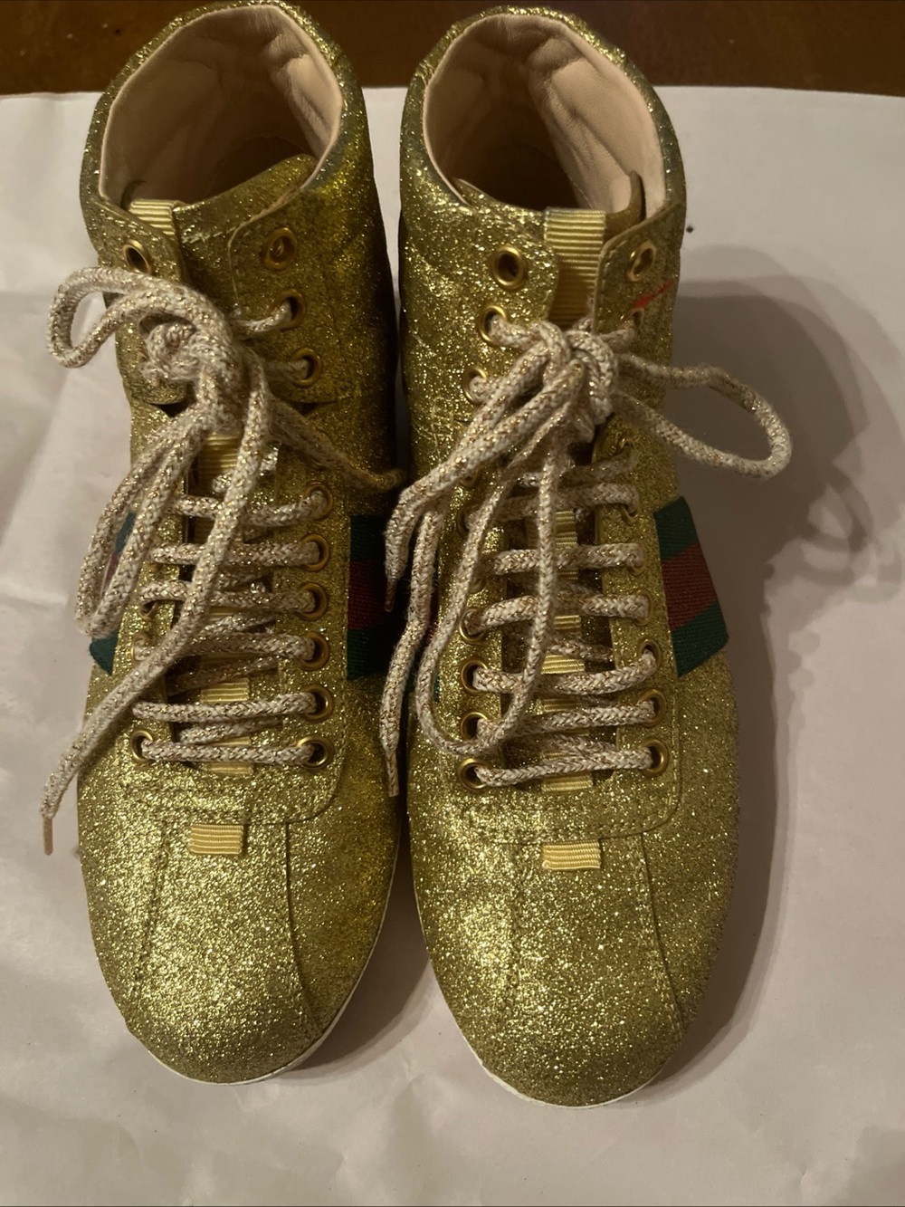 Gucci Gold Glitter High-Top Sneakers with Web Stripe